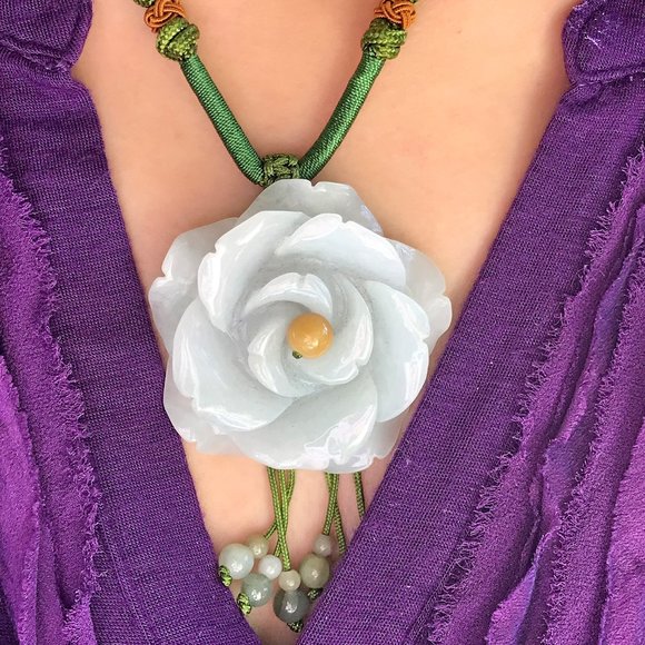Rose Flower Handmade Jade Necklace Pendant In Colossal Size - Picture 2 of 3